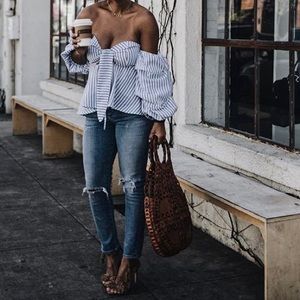 Blue White Striped Off Shoulder Peplum Top